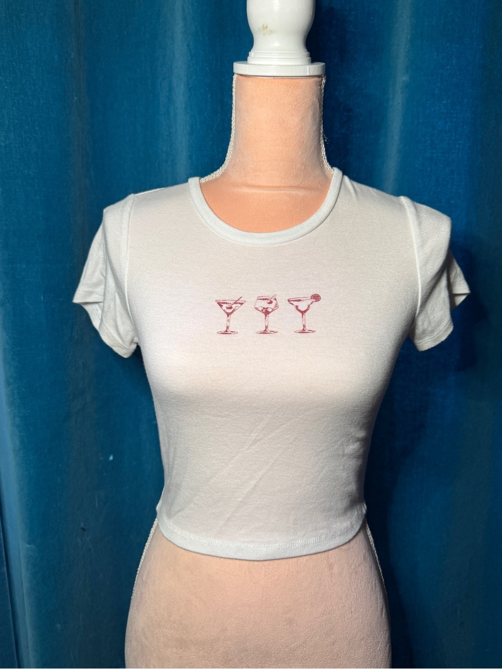 White Crop Tee with Red Martini Graphic - Women Tops